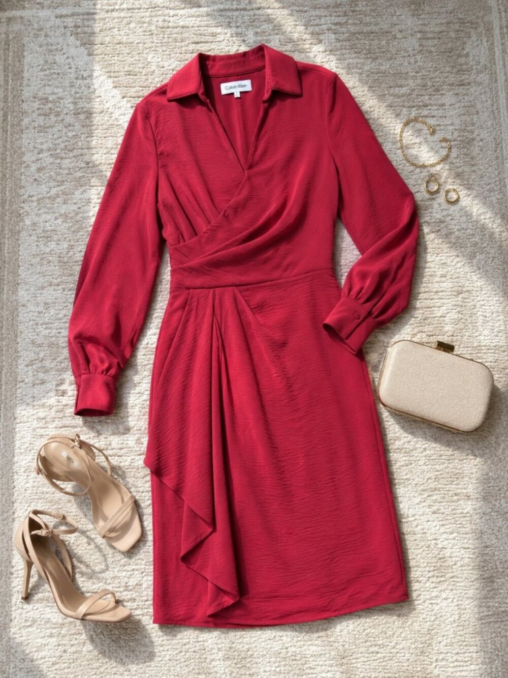 Calvin Klein Persimmon Surplice Ruffled A-Line Knee Length Dress 4 NWT